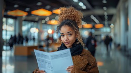 Young African American woman in a stylish outfit holds papers, standing indoors in a modern setting with blurred figures in the background.の素材