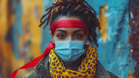 Portrait of a fashionable African American woman wearing a red headband and blue surgical mask against a vibrant, graffiti background. Empowering look during health concerns.の素材