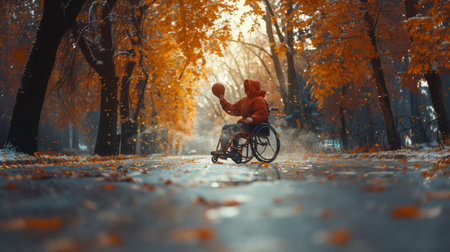 An athlete in a wheelchair plays basketball on an autumn day, surrounded by vibrant fall foliage and a mystical atmosphere.の素材