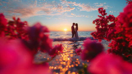 A beautiful bride and groom share a tender moment embracing on the beach with vibrant flowers framing the romantic sunset scene.の素材