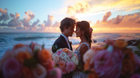 A stunning bride and groom share a romantic moment at sunset on a beach, surrounded by vibrant floral arrangements, embodying love and commitment in a picturesque setting.の素材