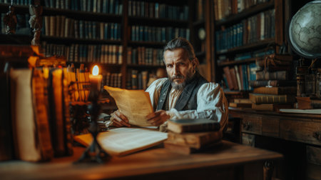 An intense close-up of a mature man, dressed in traditional attire, reading ancient texts in a candlelit vintage library filled with books and globes.の素材