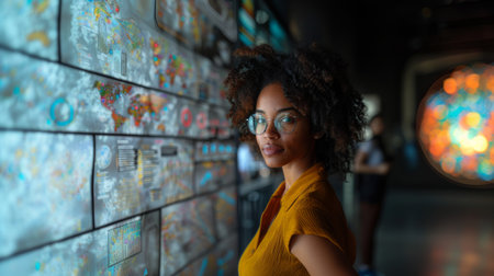 Confident young  african american woman with glasses standing in front of digital display screens at a technology conference, looking at the camera.の素材