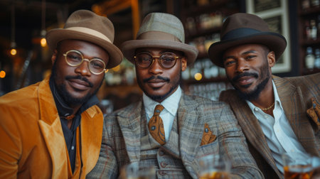 Three stylish African-American men wearing retro fashion, with hats and glasses, enjoying a moment together in a vintage-themed bar.の素材