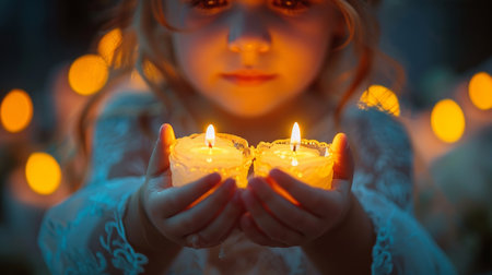 A young girl's hands clasping a lit candle, with a warm, glowing light surrounding her in an intimate atmosphere.の素材