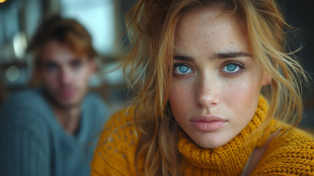An emotive portrait of a sad young woman in a yellow sweater, sharply in focus, with a blurred man visible in the background, symbolizing emotional distance and relationship issues.の素材