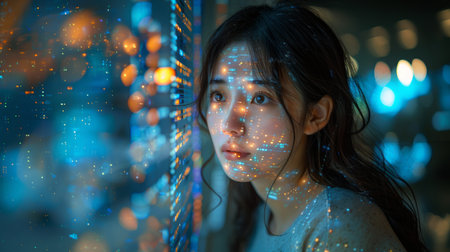 A young Asian woman gazes thoughtfully at digital screens, immersed in high-tech startup environment, reflecting innovation and digital entrepreneurship.の素材