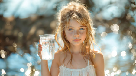 A young, blonde girl with freckles, holding a clear glass of sparkling water outdoors. The image radiates a fresh, healthy, and natural vibe.の素材