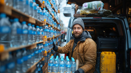 A bearded delivery man in winter attire stands by an open cargo van, distributing bottled water on a busy city street.の素材