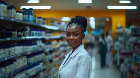 Young African American female pharmacist smiling confidently in a pharmacy, surrounded by shelves of medicine.の素材