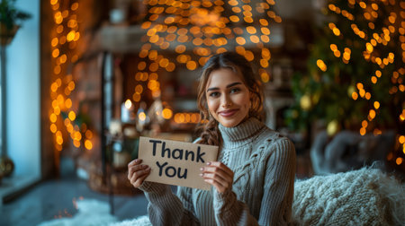 A smiling woman elegantly holds a 'Thank You' sign, surrounded by warm festive bokeh lights in a cozy indoor setting.の素材