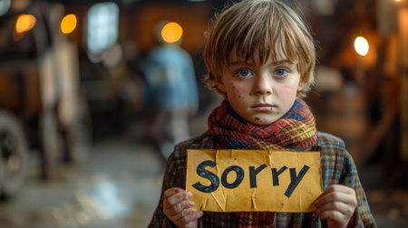 A young boy with expressive eyes and dirt on his face holds a handmade 'Sorry' sign in a blurred, rustic workshop setting, conveying a poignant message of apology and innocence.の素材