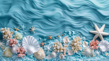 Sea shells and starfishes on blue water background with copy spaceの素材