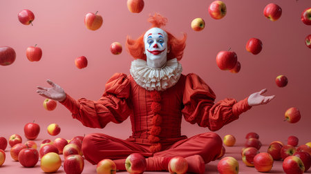 Vibrant image capturing a clown in a red costume juggling apples. The background is a soothing pink, enhancing the playful and cheerful vibe of the scene.の素材