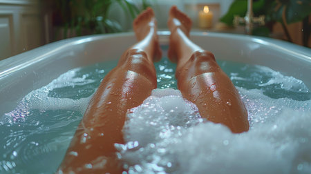 Young woman indulging in a soothing bubble bath with glistening skin visible above the foamy water, with soft candlelight illuminating the surroundings.の素材