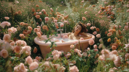 Young woman lies peacefully in a pink bathtub surrounded by lush, blooming flowers in a serene outdoor setting, embodying a sense of tranquility and connection with nature.の素材