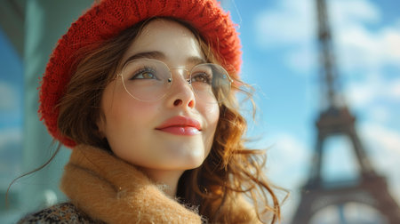 Portrait of a cheerful young woman wearing a red beret and fashionable winter attire, admiring the iconic Eiffel Tower on a sunny winter day in Paris.の素材