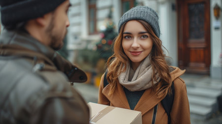 selective focus of delivery man in beanie and scarf delivering parcel to smiling womanの素材