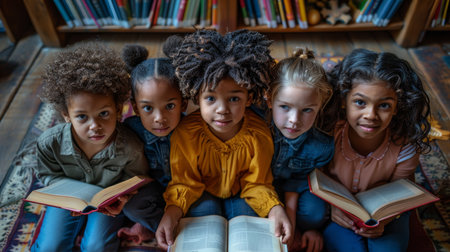 Five diverse children sit together with open books, joyfully engaged in a reading session in a library, highlighting early education and multicultural friendship.の素材