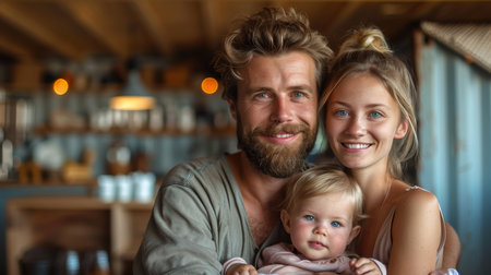 Portrait of a young family with a small daughter sharing a bonding moment indoors. Their smiles radiate warmth and happiness.の素材