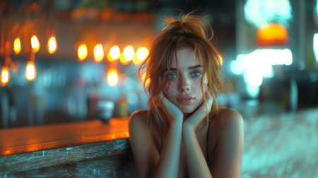 Young woman with freckles sits pensively in a bar, her gaze directed somewhere off-camera, surrounded by the glow of neon lights.の素材