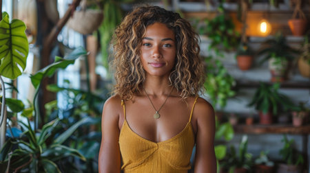 Young new zealand woman in a yellow dress, confidently gazing at the camera, surrounded by a lush indoor garden.の素材
