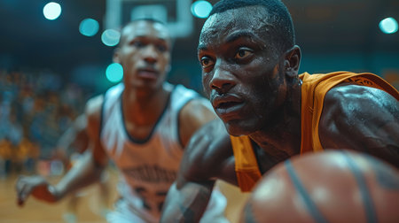 Two professional basketball players in a tense game moment. Focus and determination are evident in their expressions. The image captures the energy and competitive spirit of the sport.の素材