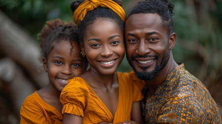 A happy young black family smiling together in a natural outdoor setting, showcasing love and togetherness.の素材
