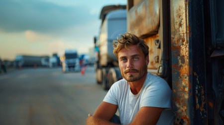 Young muscular man driver in a white t-shirt relaxing by his truck on a sunny day, with a backdrop of highway and trucks.の素材