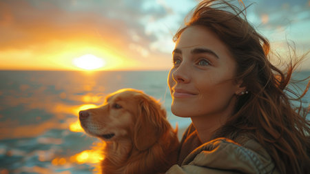 Portrait of a cheerful woman with her dog enjoying a beautiful sunset by the ocean, their faces illuminated by the warm glow.の素材