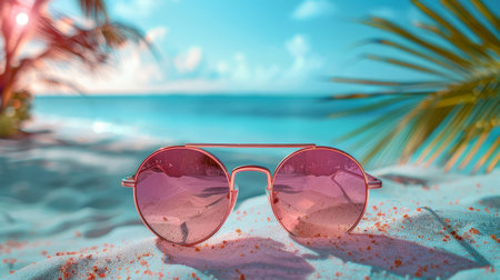 A creative depiction of stylish pink sunglasses on a sandy beach, framed by tropical palms and azure ocean, conveying a relaxed summer vibe.の素材