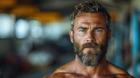 Close-up portrait of a shirtless, muscular, bearded man with a focused expression in a blurred industrial background, highlighting themes of masculinity and fitness.の素材