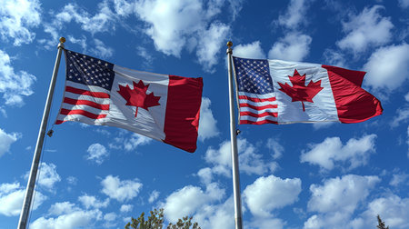 American and Canadian flags side by side, symbolizing friendship and cooperation under a vibrant blue sky with clouds.の素材