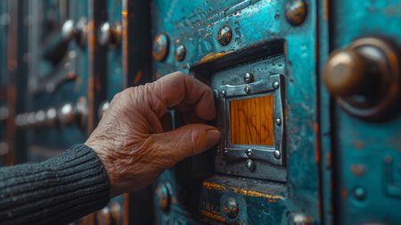 A detailed image showing a hand opening a vintage safe door, highlighting textures and colors. The scene conveys mystery and intrigue in a dimly lit environment.の素材
