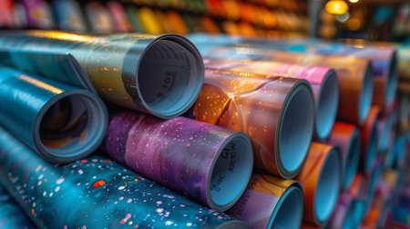 A collection of rolled-up magazine pages showcasing vivid, colorful designs. The glossy paper highlights a spectrum of eye-catching patterns, emphasizing creativity and artistic expression.の素材