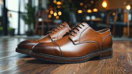 A pair of elegant brown leather men's shoes with a classic design, showcased in a modern interior setting. Perfect for formal or business attire. Adds sophistication and style to any outfit.の素材