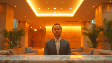 A confident businessman in a well-lit hotel lobby. The scene conveys professionalism, luxury, and hospitality, with modern architecture and a welcoming ambiance.の素材