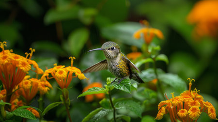 A beautiful hummingbird sits calmly on a leaf, surrounded by vivid orange flowers and rich greenery. The close-up captures the delicate details of the bird and the vibrant plant life.の素材