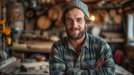 Portrait of a young male carpenter standing confidently in a rustic workshop. He is wearing a plaid shirt and beanie, embodying creativity and craftsmanship in a cozy, wood-filled environment.の素材