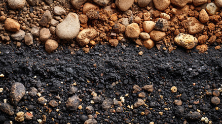 Close-up of layered soil and dirt with various textures and colors, representing geological and environmental concepts. Ideal for educational and scientific purposes.の素材
