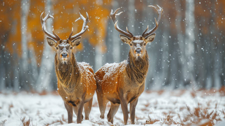 Two noble deer stand amidst a serene snowy forest, capturing the essence of winter wildlife in a tranquil landscape with falling snow.の素材