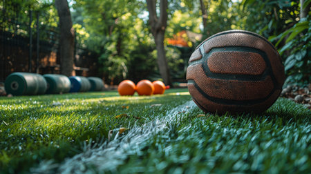Various sports equipment including a basketball and training rollers on a grassy field. Captures the essence of outdoor sporting activities and fitness in a natural setting.の素材