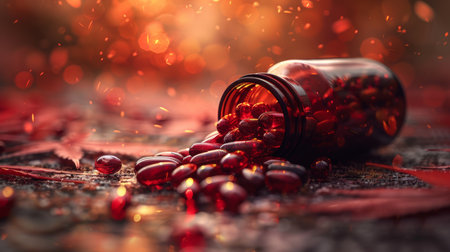 A glass bottle of medical marijuana capsules spills onto a surface, surrounded by warm autumn colors and glowing bokeh lights, creating a serene and therapeutic atmosphere.の素材