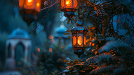 A beautifully crafted Arabic lantern with a burning candle creates a warm glow. The lantern is surrounded by lush foliage, evoking a serene and mystical ambiance.の素材