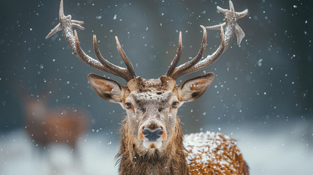 A stunning red deer stag with antlers covered in snow, standing gracefully in a serene winter setting, surrounded by falling snowflakes.の素材