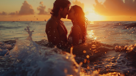Passionate couple shares a romantic kiss on the beach, surrounded by golden sunset and gentle ocean waves, capturing a moment of love and connection.の素材