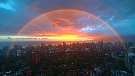 A stunning rainbow stretches across the Honolulu skyline, illuminated by a vibrant sunset. This breathtaking scene captures the beauty and tranquility of Hawaii after a refreshing rain.の素材
