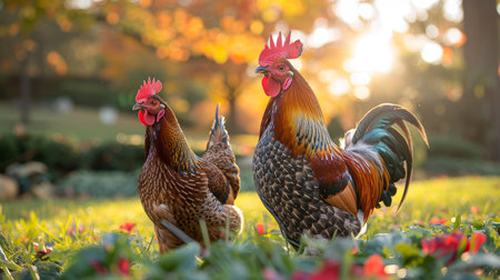 A vibrant rooster and chicken basking in the warm sunlight of a lush garden. The autumn colors provide a serene and natural backdrop, highlighting the beauty of rural life.の素材