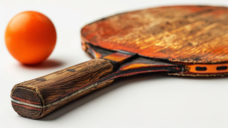 Detailed image of a ping pong racket and orange ball on a white surface, emphasizing texture and sport equipment.の素材