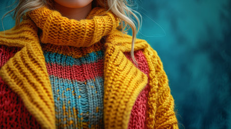 A close-up image showcasing vibrant knitted winter clothing, featuring a colorful sweater and a cozy scarf, perfect for stylish women's winter fashion.の素材